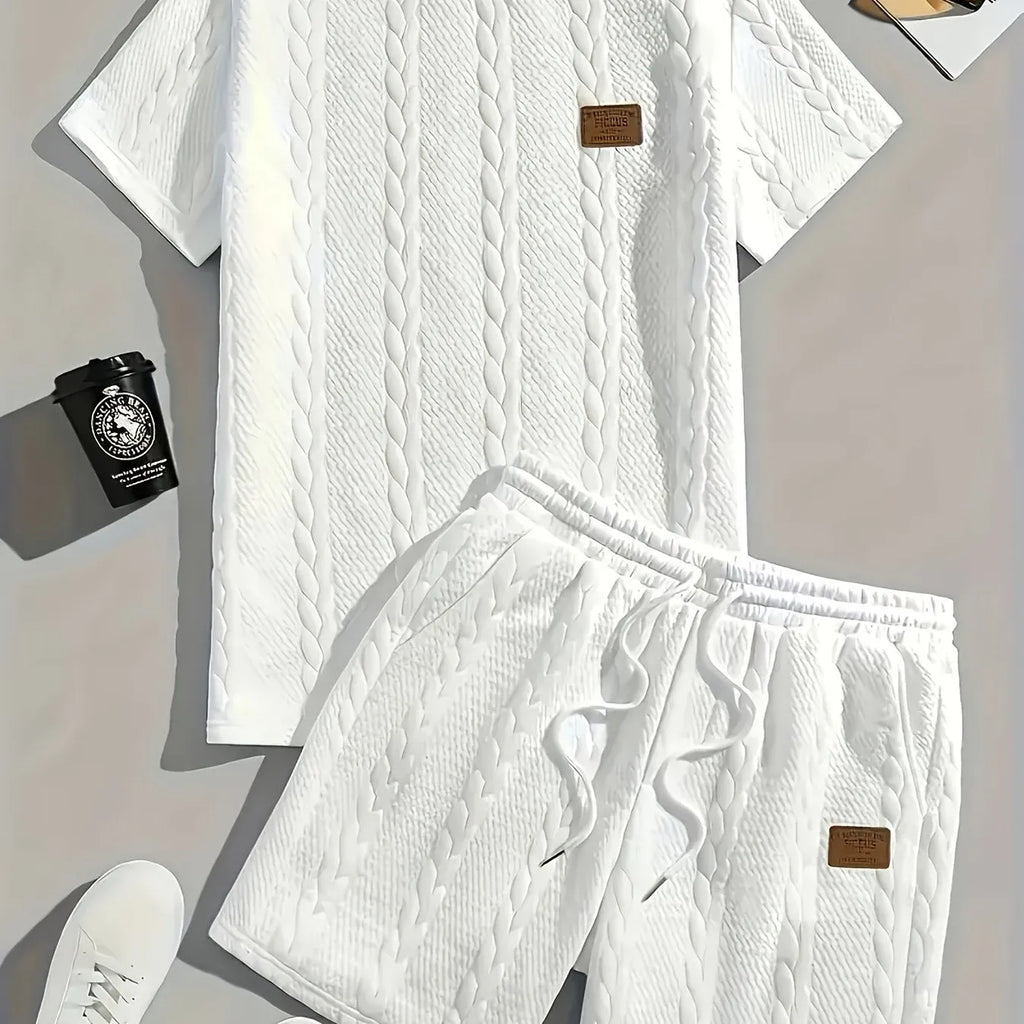 Men's black patch design rib short sleeve and shorts sports two-piece set