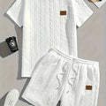 Men's black patch design rib short sleeve and shorts sports two-piece set