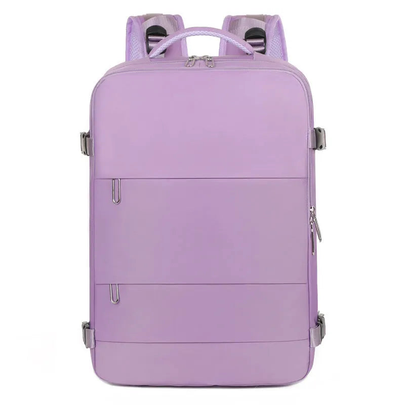 Large purple women's travel backpack with multiple pockets and air pillow belt on a grey background