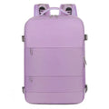 Large purple women's travel backpack with multiple pockets and air pillow belt on a grey background
