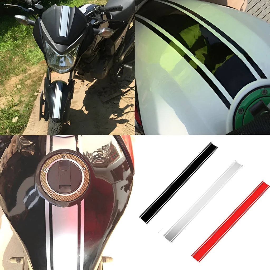 Motorcycle pinstripe sticker measuring 50x4.5cm in black, red, silver, or yellow colours