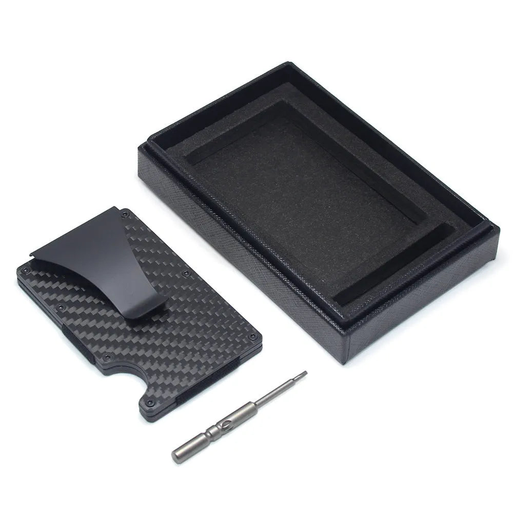 Slim geometric carbon fibre card wallet in multiple colours on a gift box.