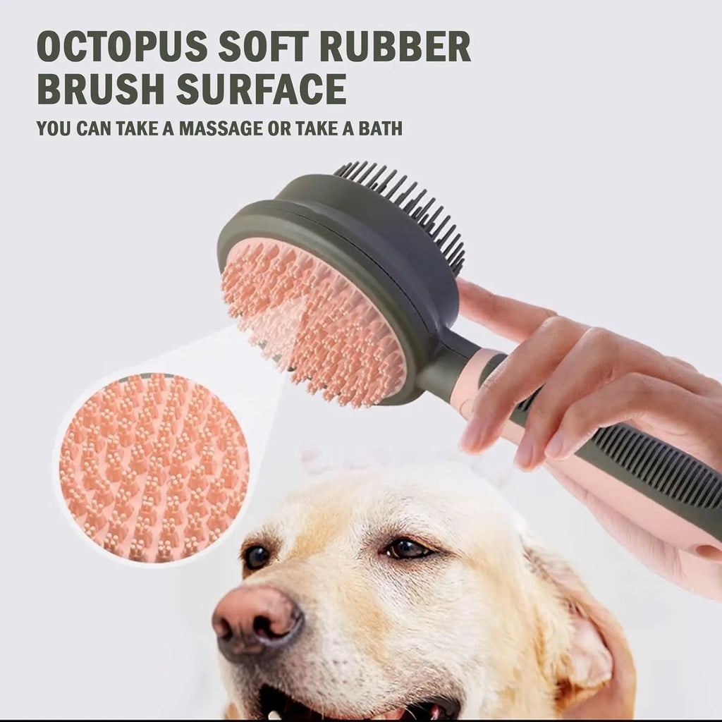 Double-sided pink cat brush with slicker bristles on one side and flea comb on the other, showing hair release button