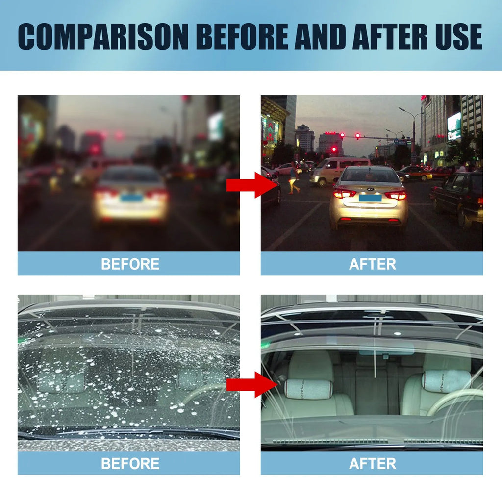 Blue car glass oil film remover stick and soft sponge brush for windshield cleaning.