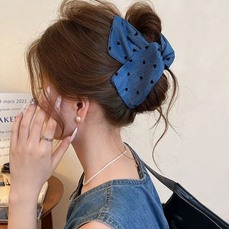 Handmade denim bow triangle hair accessory with fabric and acrylic decoration on plastic hairpin