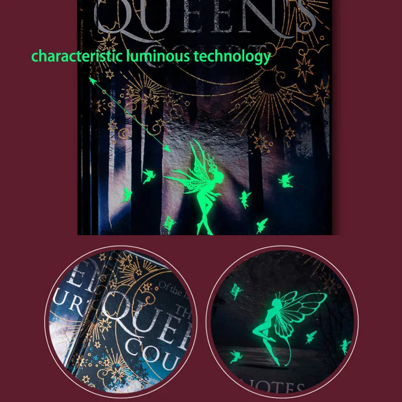 A5 luminous hardcover notebook with full-colour illustrated pages, available in blue and purple colours