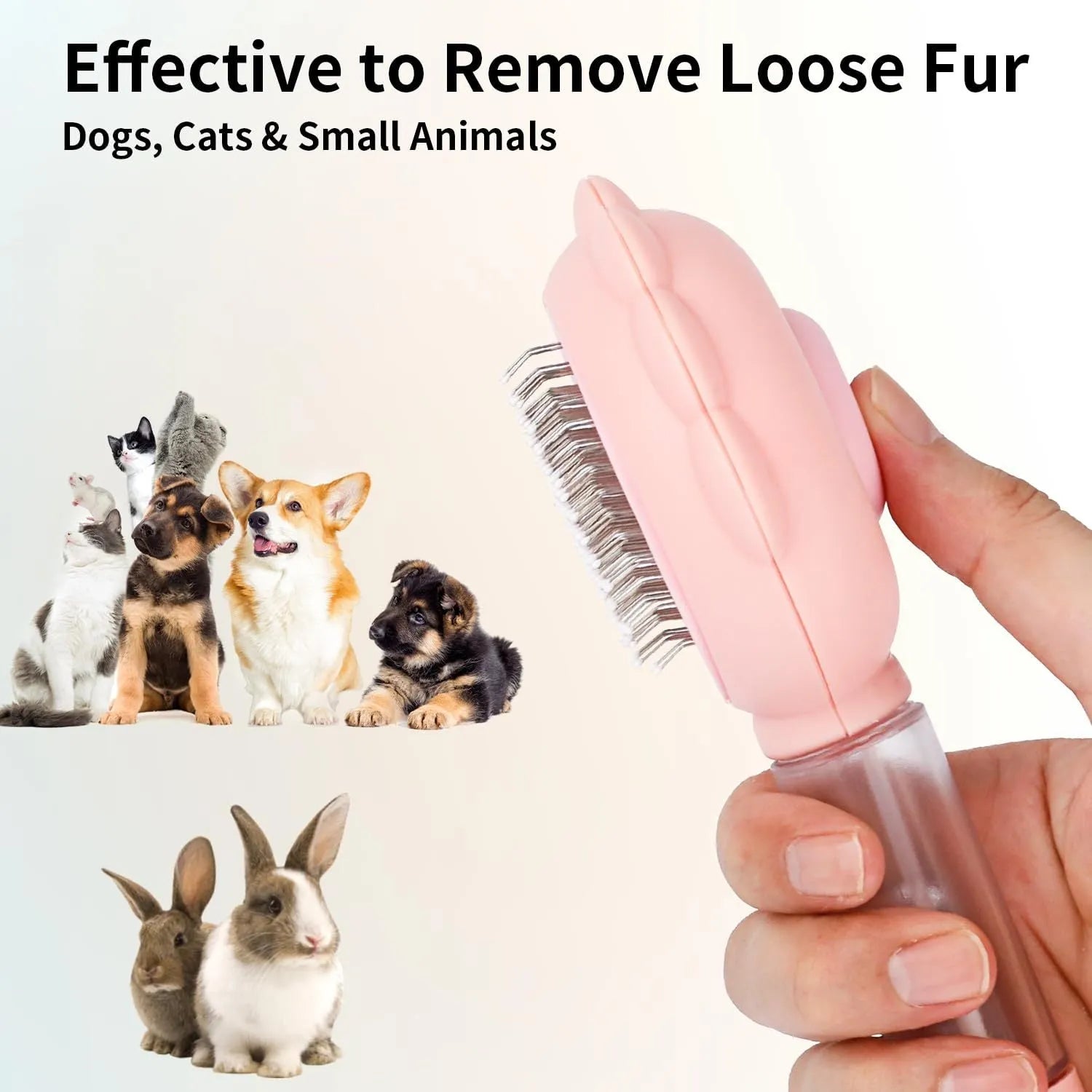 Self-cleaning spray cat brush with release button in grey, green, or pink colours for pet grooming