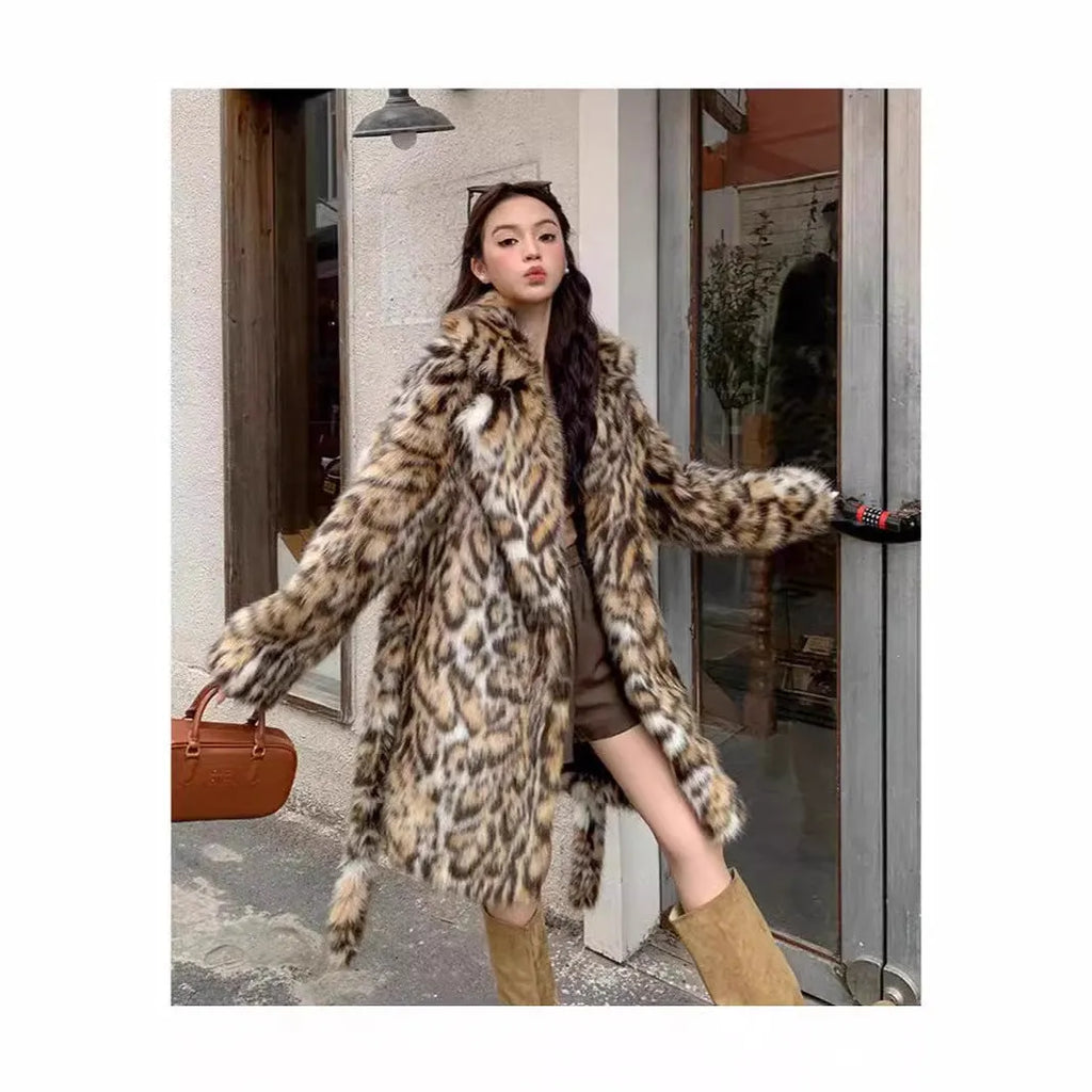 Long faux fur coat with fur collar and pockets in street fashion style