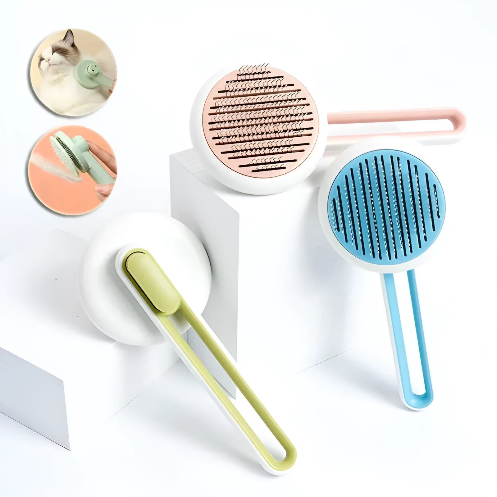 Automatic pet hair remover brush with stainless steel teeth and coloured ABS handle, shown with the hair release button.