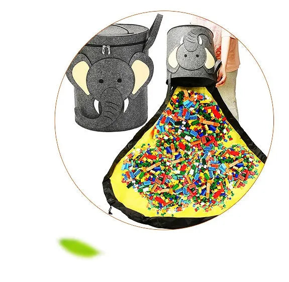 Green felt storage bag shown as both a flat play mat and gathered cube with pull rope closure