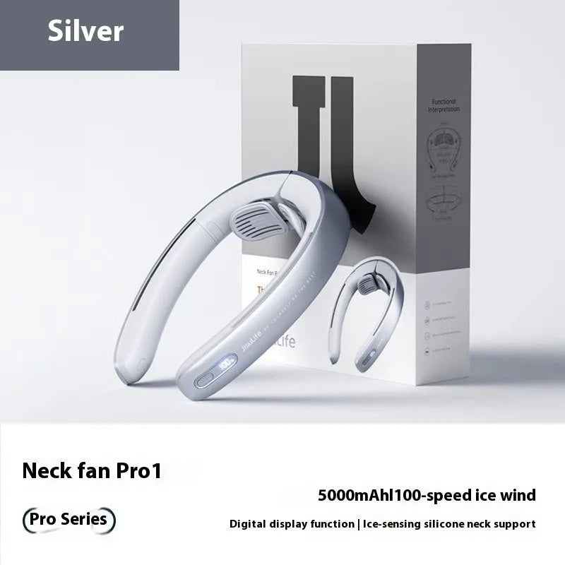 Silver grey portable neck fan with no-blade design and USB charging port