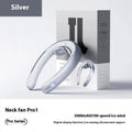 Silver grey portable neck fan with no-blade design and USB charging port