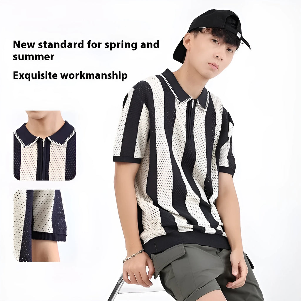 Man wearing a striped short sleeve ice silk sweater with a zip detail on the front, in sapphire blue.