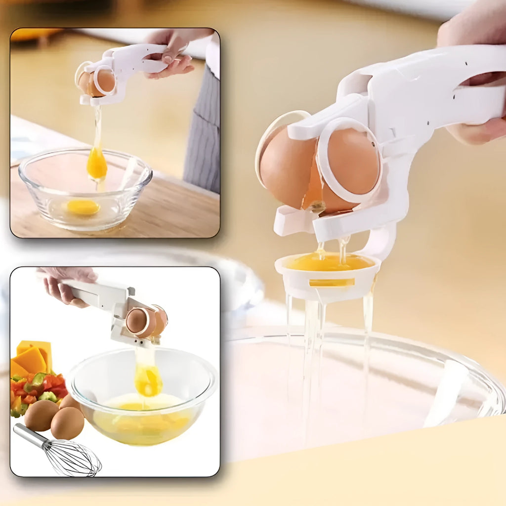 White handheld egg shell cracker with curved silicone grip and metal mechanism on a kitchen counter