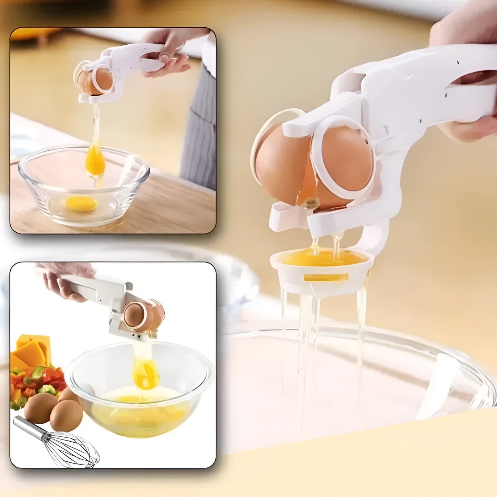 White handheld egg shell cracker with curved silicone grip and metal mechanism on a kitchen counter