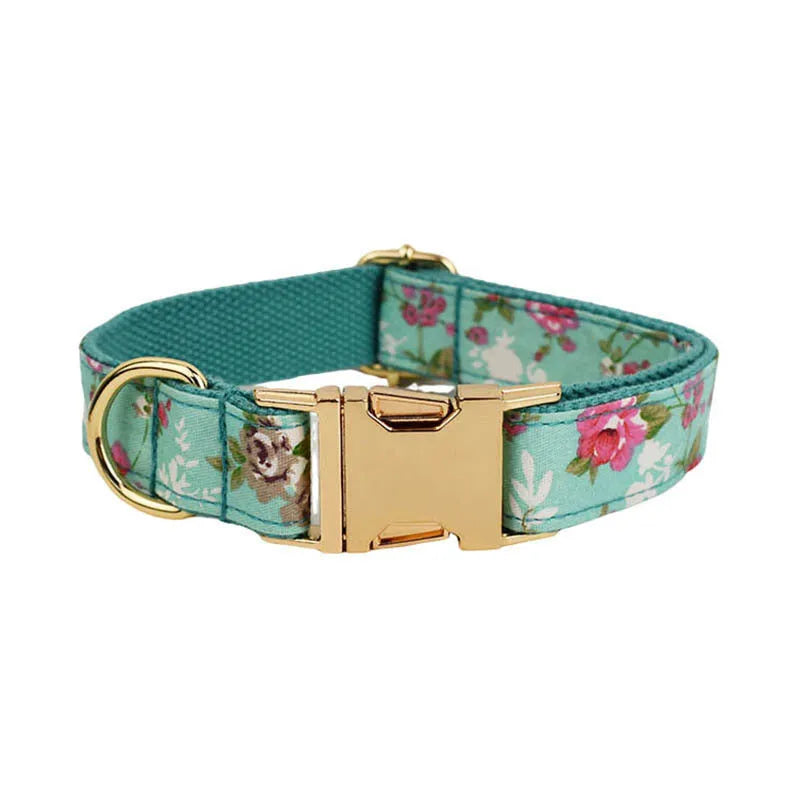 Rose patterned fabric dog collar set with green background and detachable bow accessory