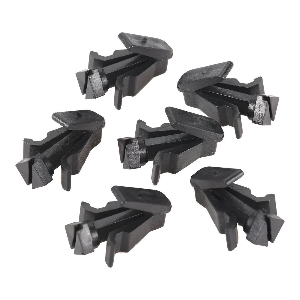 Black plastic Nissan bumper cover radiator grille fastening clip with part number 76882-0M060