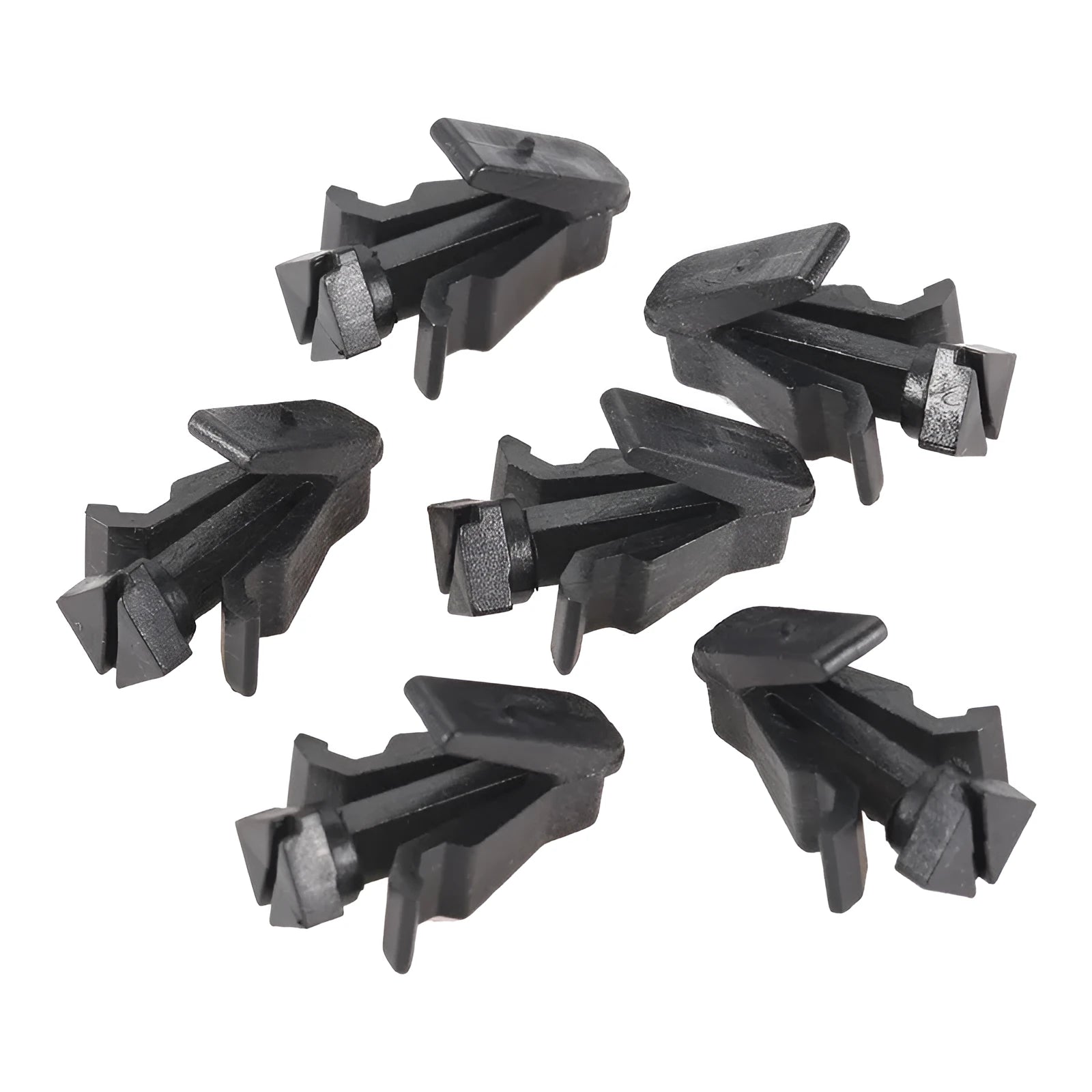 Black plastic Nissan bumper cover radiator grille fastening clip with part number 76882-0M060