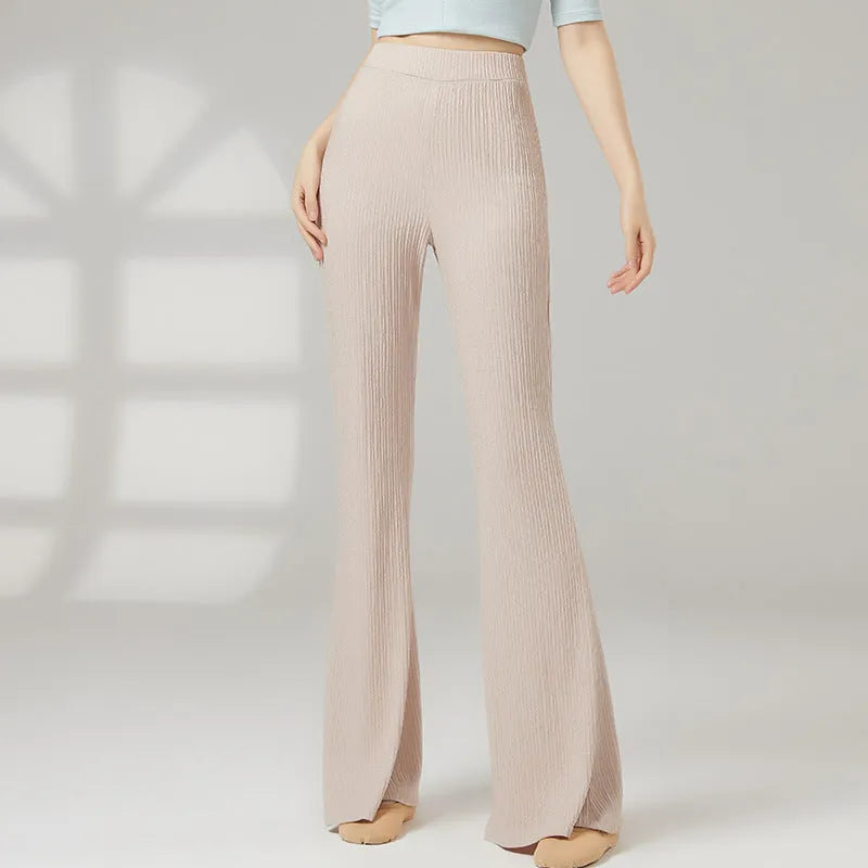 Women's solid colour dance practice trousers in polyester fabric, shown in beige apricot.