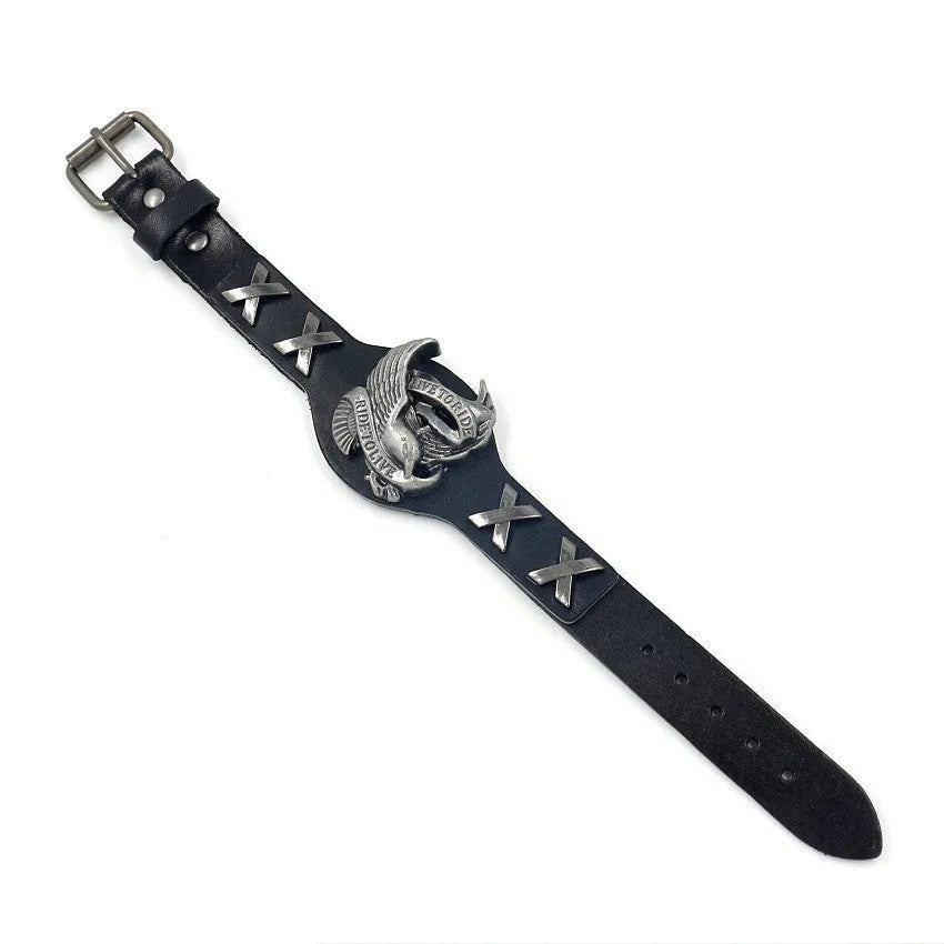 Black leather bracelet with eagle alloy watch-buttom clasp showing geometric shape