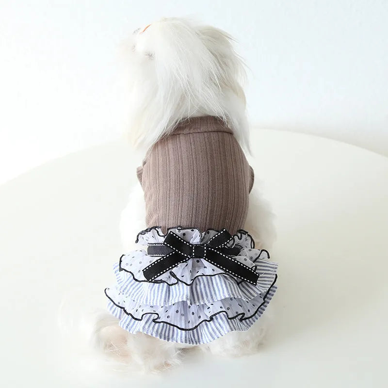 Polka dot lace princess cake dress for a small dog, shown in taro purple colour.