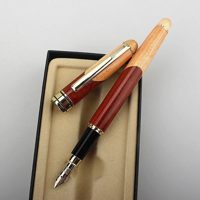 Wooden barrel fountain pen with brass metal components and included pen sleeve