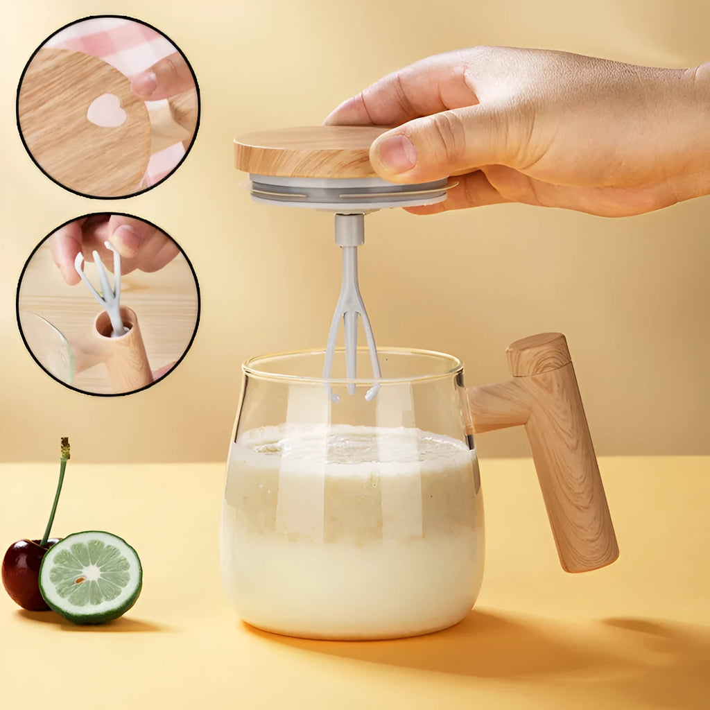 400ml self-stirring electric coffee mug with borosilicate glass and button mixing mechanism