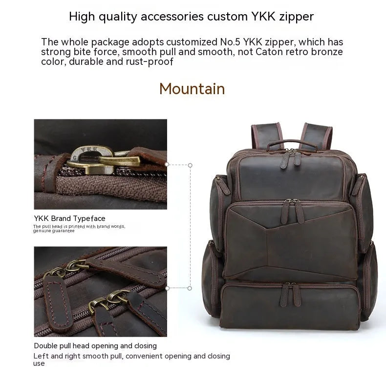 Dark brown Retro Crazy Horse leather backpack for a 17-inch laptop, showing internal organiser pockets.