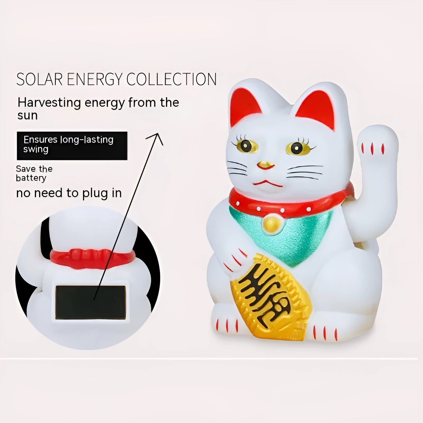 Solar-powered yellow Maneki Neko lucky cat decoration waving its arm
