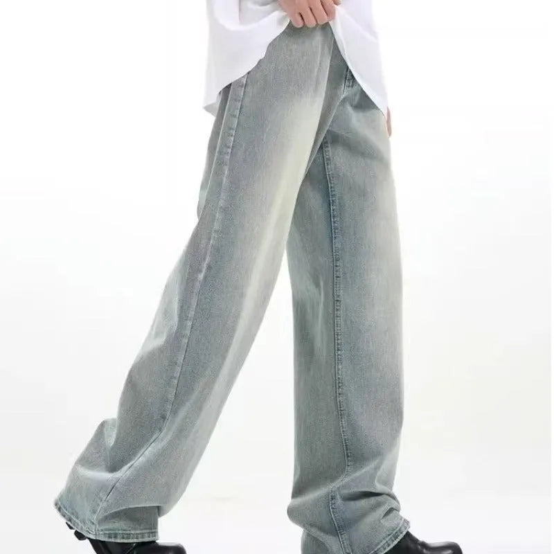 Blue loose-fit retro casual trousers made from rabbit fur, shown in a relaxed pose.