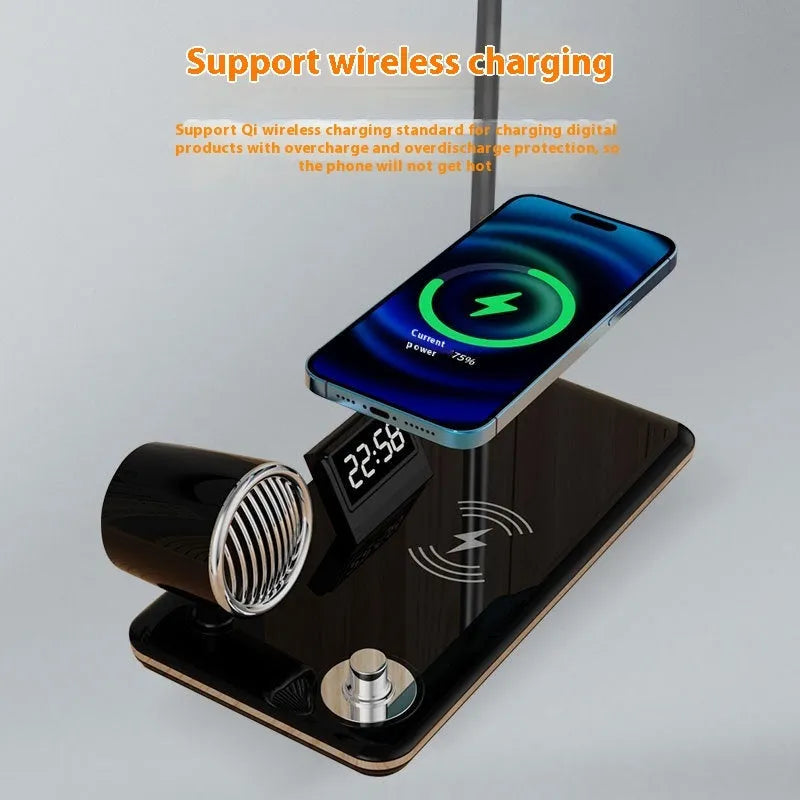 Intelligent wireless charging lamp with digital clock display on desk in black colour
