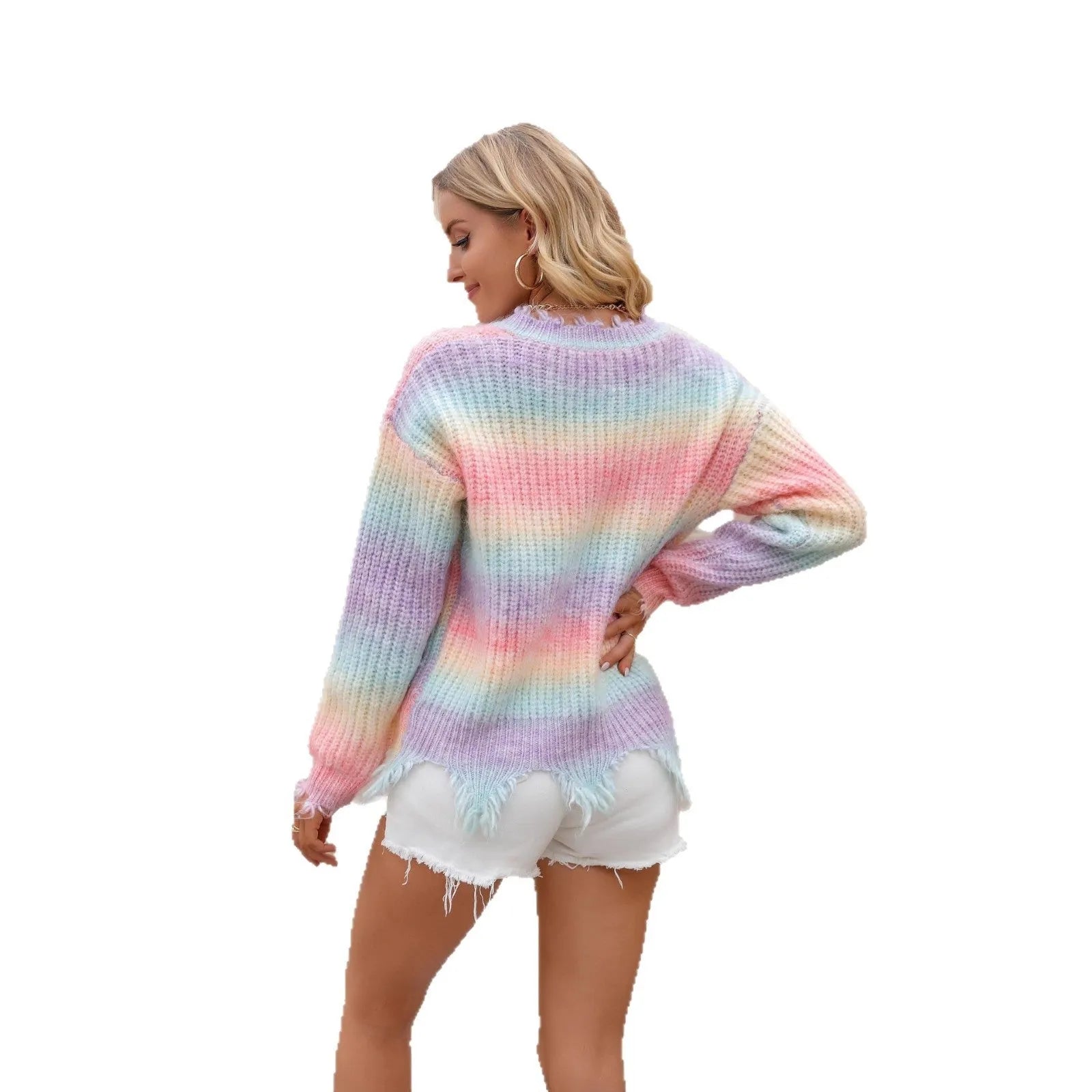 Pink rainbow gradient knitted pullover sweater with loose cut street fashion design