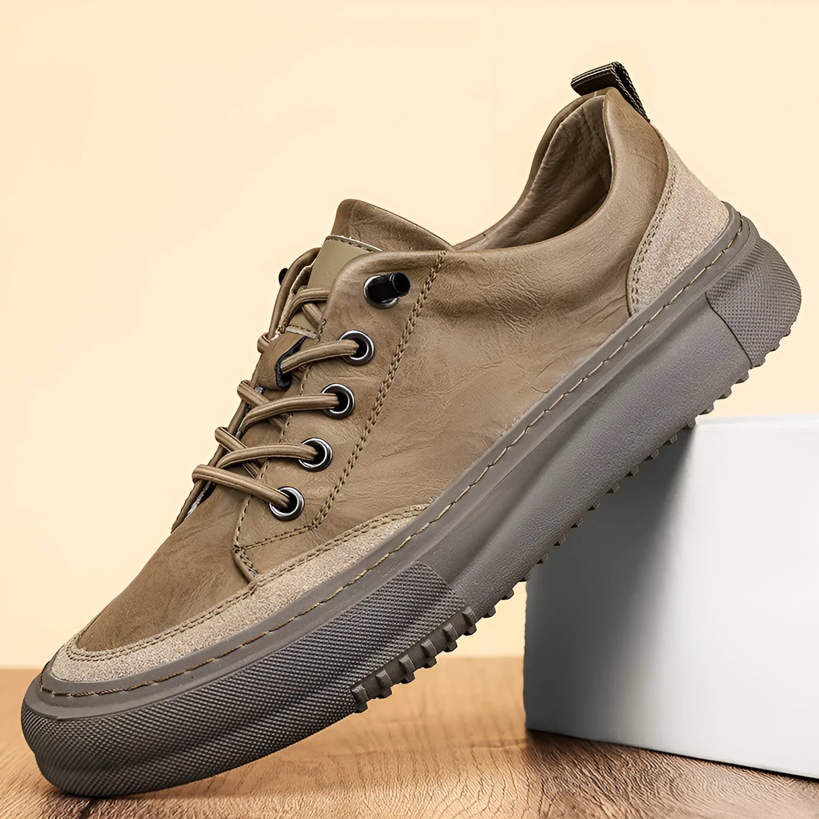 Men's black round toe leather casual shoes with lace-up front on a white background