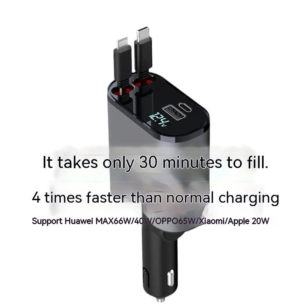 Universal car charger with retractable cable plugged into a car cigarette lighter socket.