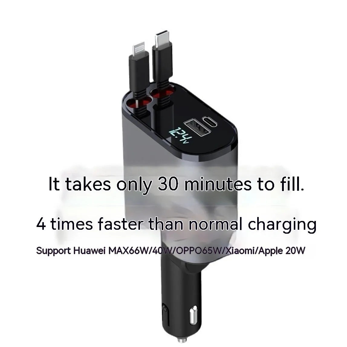 Universal car charger with retractable cable plugged into a car cigarette lighter socket.