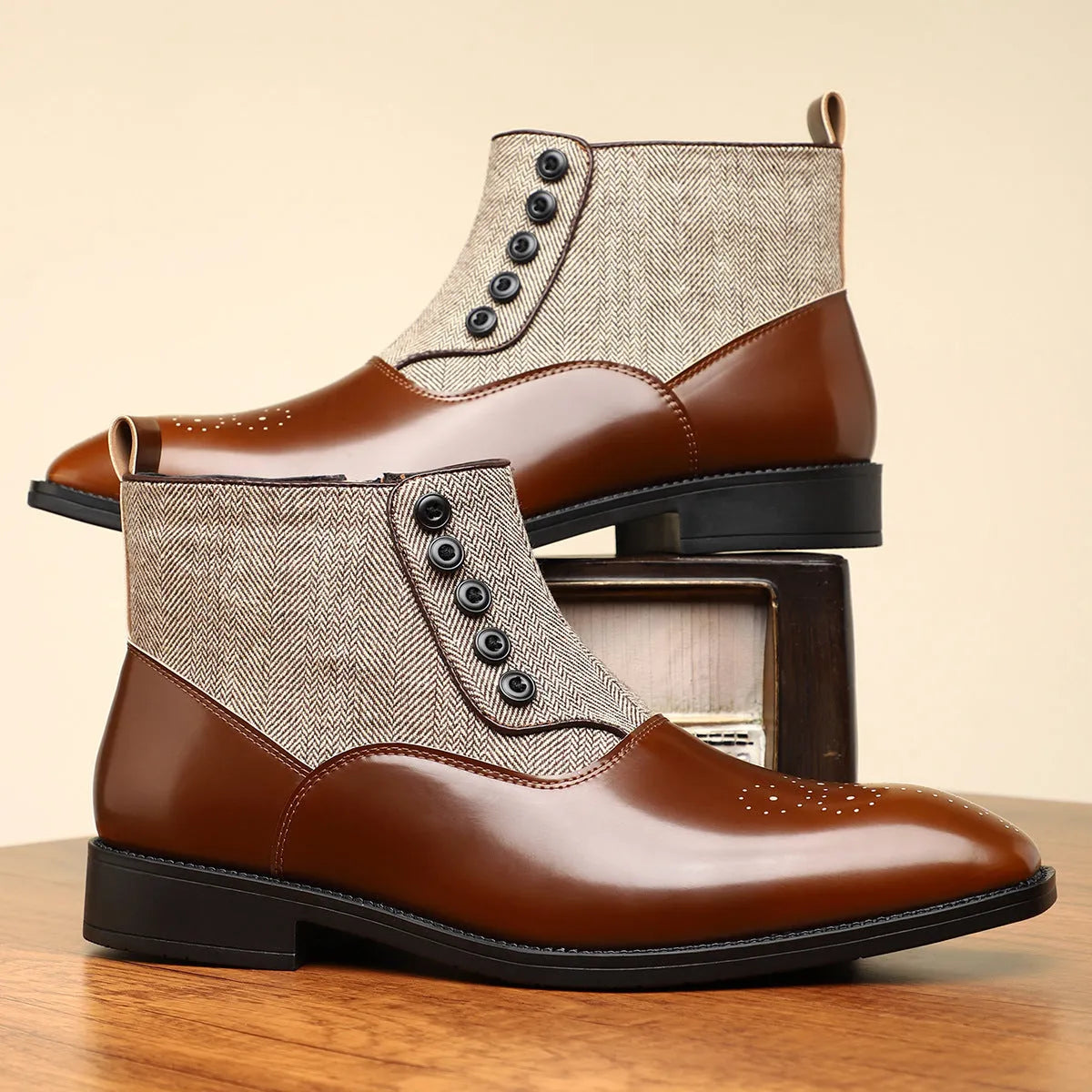 Men's brown retro formal leather shoes with square toe, side zip, and low square heel on a rubber sole.