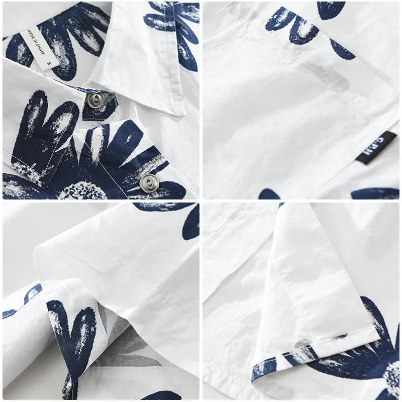 Japanese printed short sleeve shirt in loose cardigan style, available in white and apricot colours