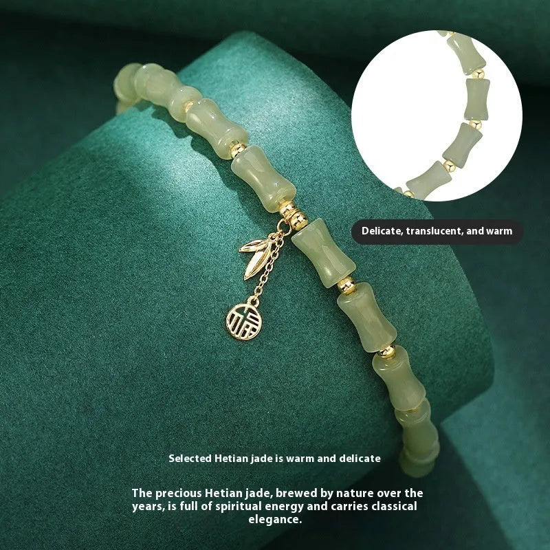 Green Chinese bamboo style jade bracelet and necklace set with traditional design