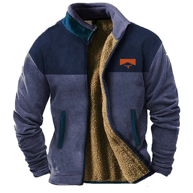 Men's green polyester fleece padded coat showing regular fit and front zipper.