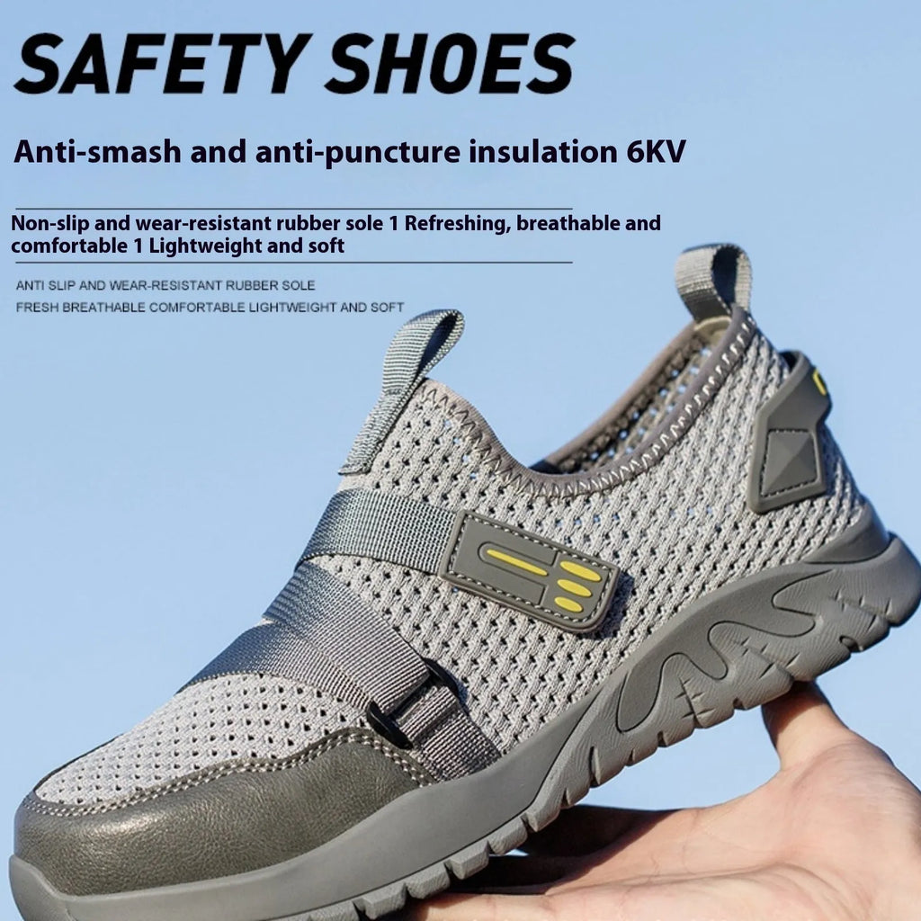 Men's grey anti-smash and anti-puncture insulation safety work shoe with a woven upper and rubber sole.