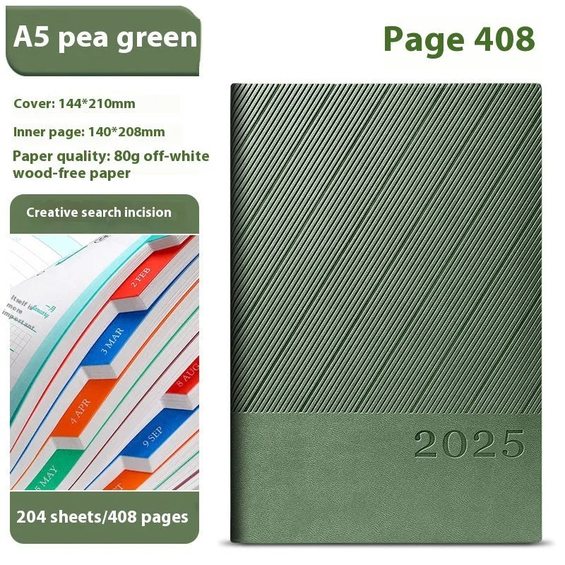 A5 striped PU leather notepad open to show 80g wood-free paper with 408 pages