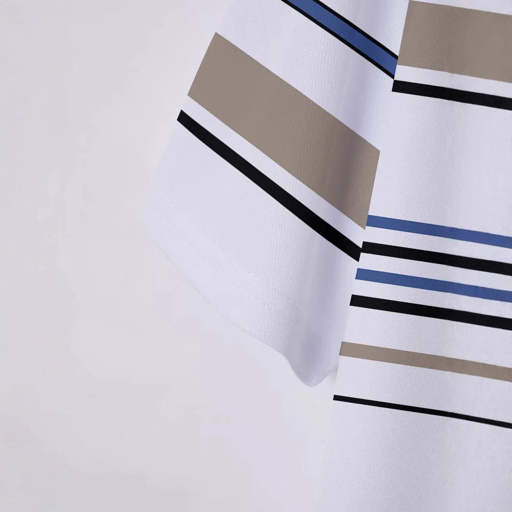 Men's white striped short sleeve polyester t-shirt laid flat showing slim fit style