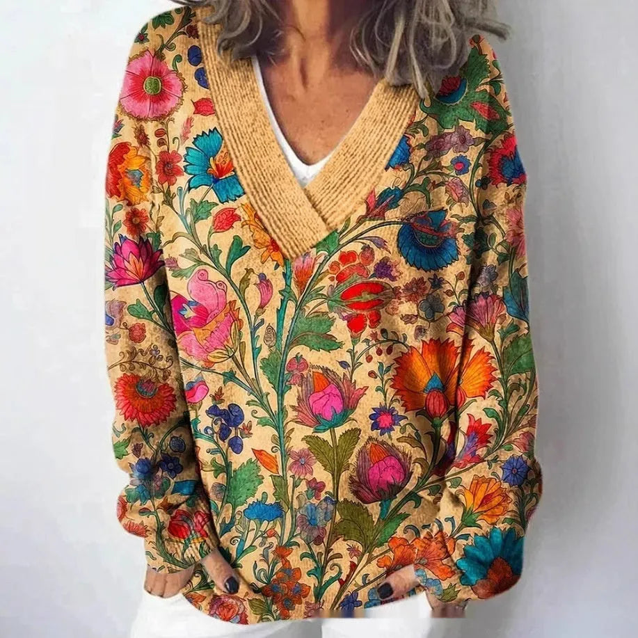 Women's V-neck sweatshirt with 3D floral pattern print in art retro style