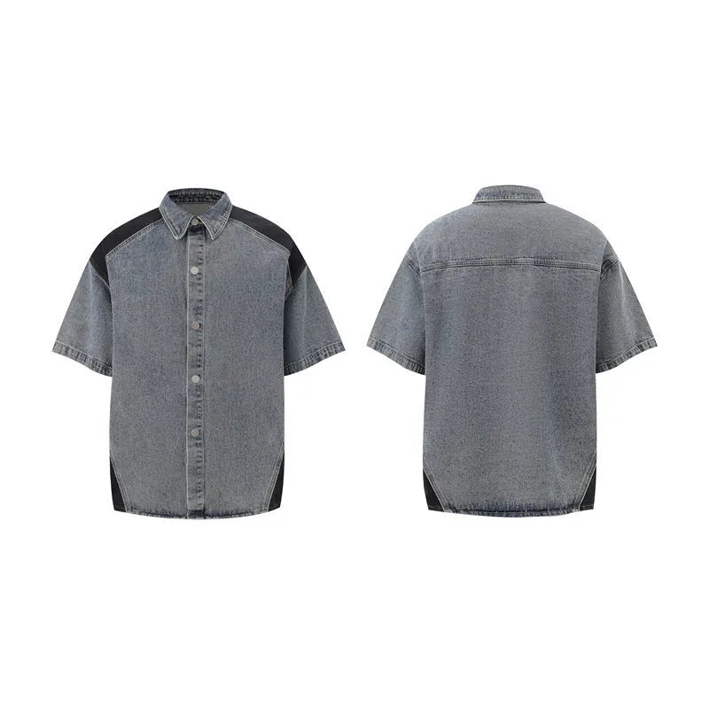 Retro washed denim suit with short sleeve jacket and matching trousers in black and blue colour options