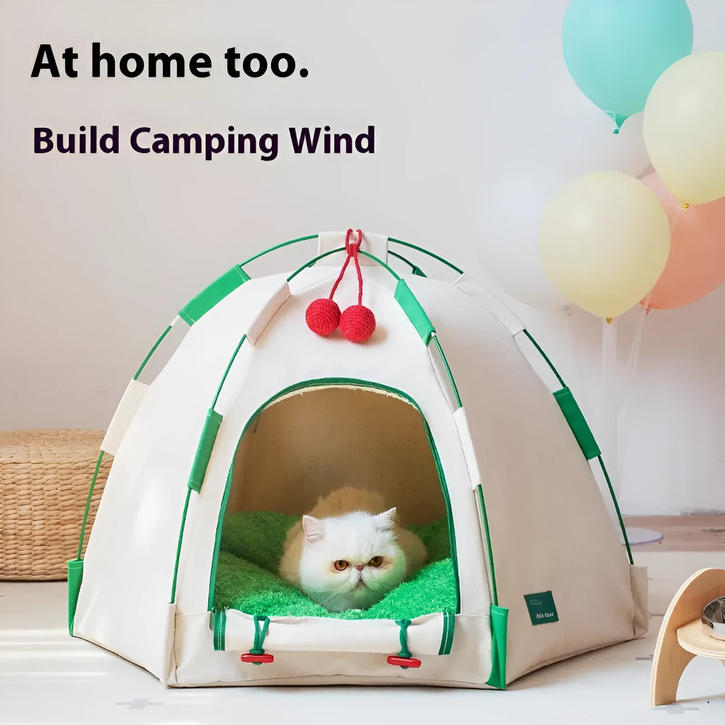 Dome-shaped cloth cat tent with front opening and optional thick pad insert