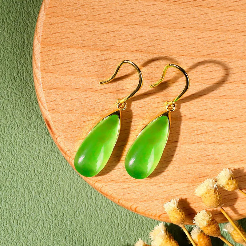 Chinese style geometric earrings in jade colour with water droplet design on copper base with electroplated finish
