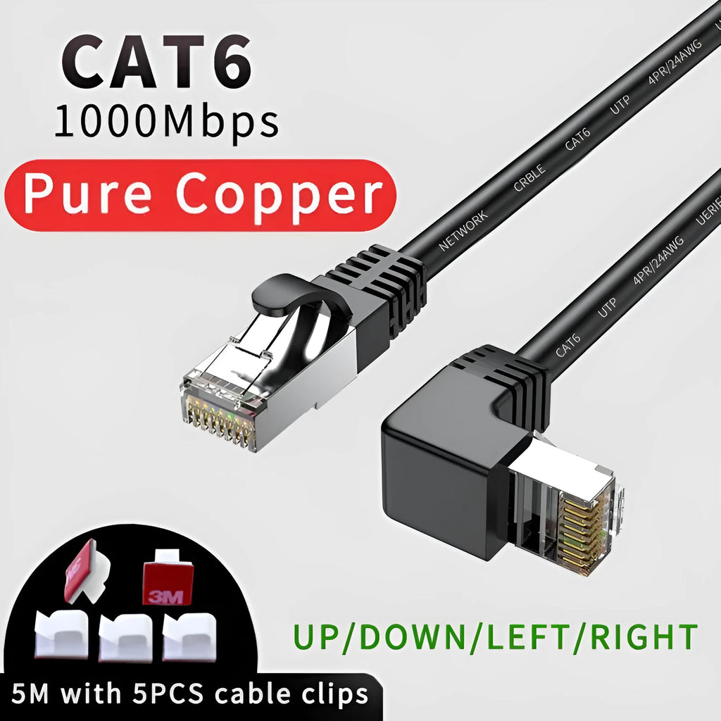 Cat6 Ethernet cable with a black right angle metal RJ45 connector on a grey background.