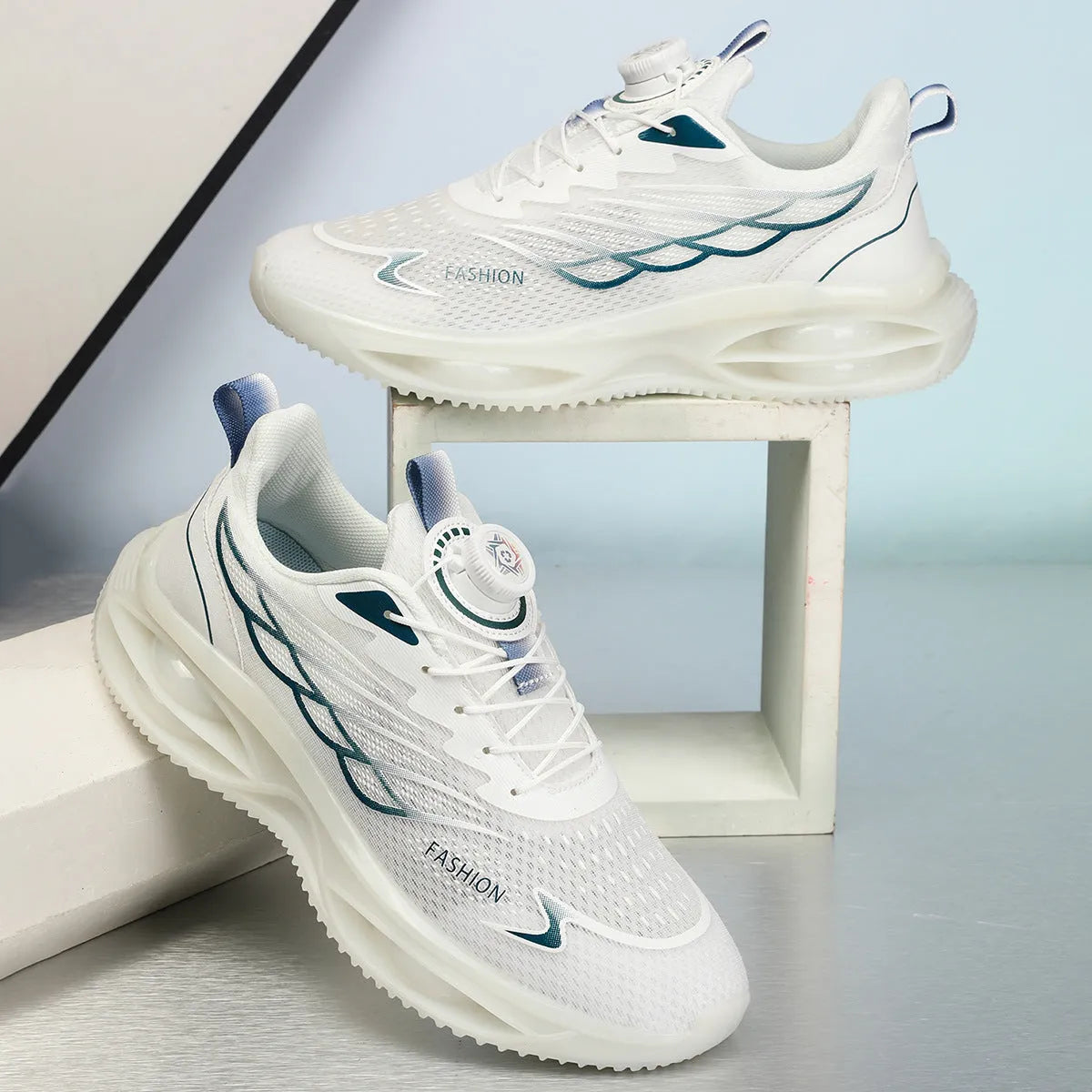 Casual breathable mesh shoes with rubber sole in sky blue, black gold or white colours