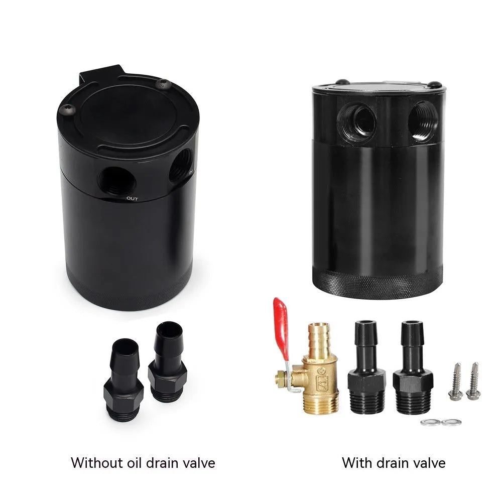 Aluminium automotive oil can with breathable design in black or silver finish