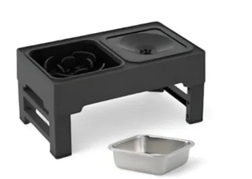Adjustable height elevated dog feeding stand with stainless steel bowls in black